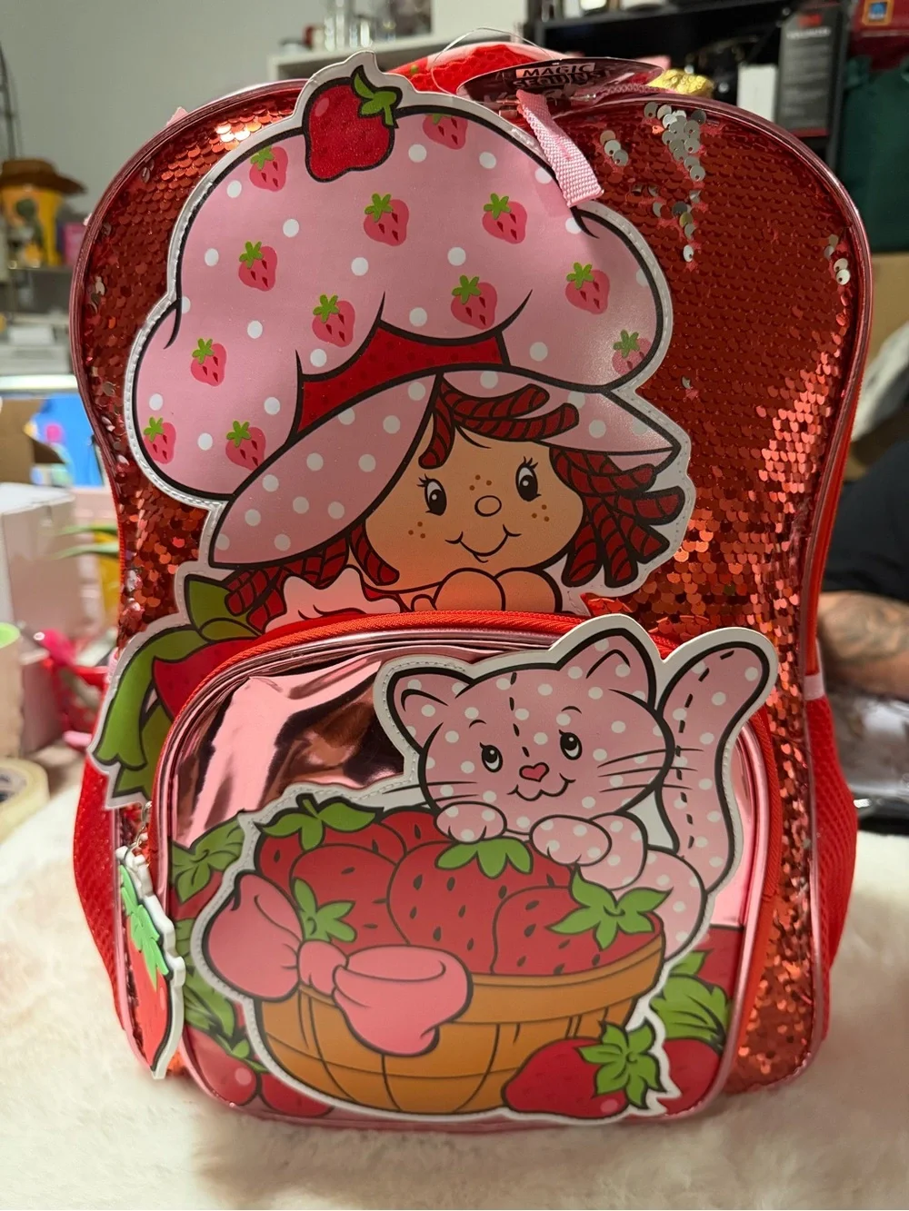 Girls Pink & Red Strawberry Sequin Character Backpack. 16in H 12in W